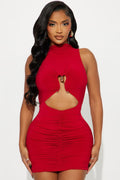 Affectionate Metal Decorated Solid Color Turtleneck Pleated Sheath Mini Dress