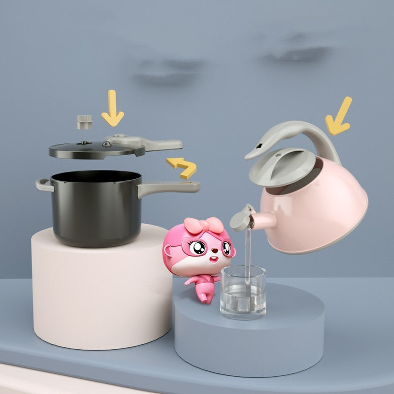 New Simulation Induction Cooker with pots and playful kettles in a children's kitchen toy display.