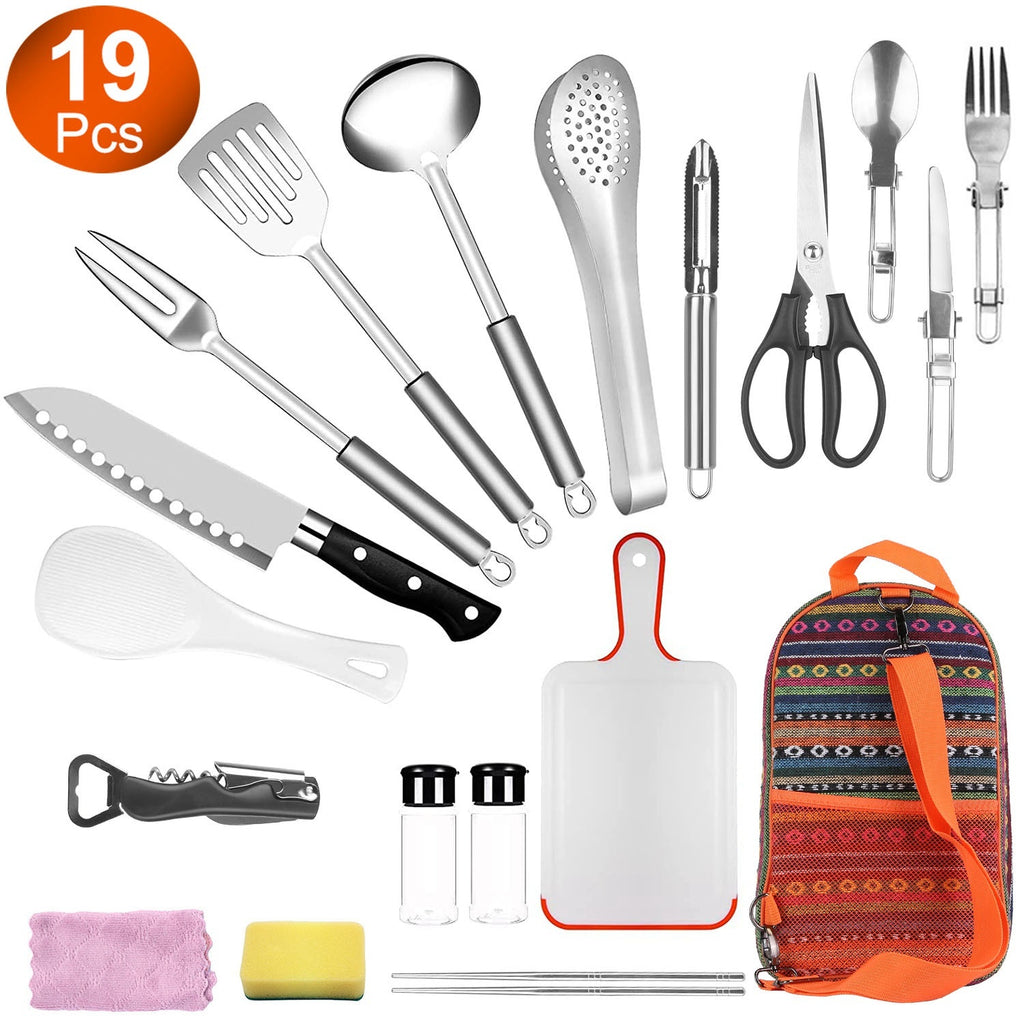 Camping Cooking Utensil Kit Portable Picnic Cookware containing 19 pieces including spatula, knife, and more.