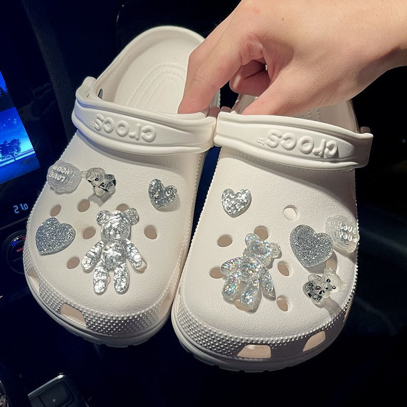 Crystal Bear Cave Shoes Accessories Shoe Buckle Shoe Flower on stylish white crocs with sparkly bear and heart embellishments.