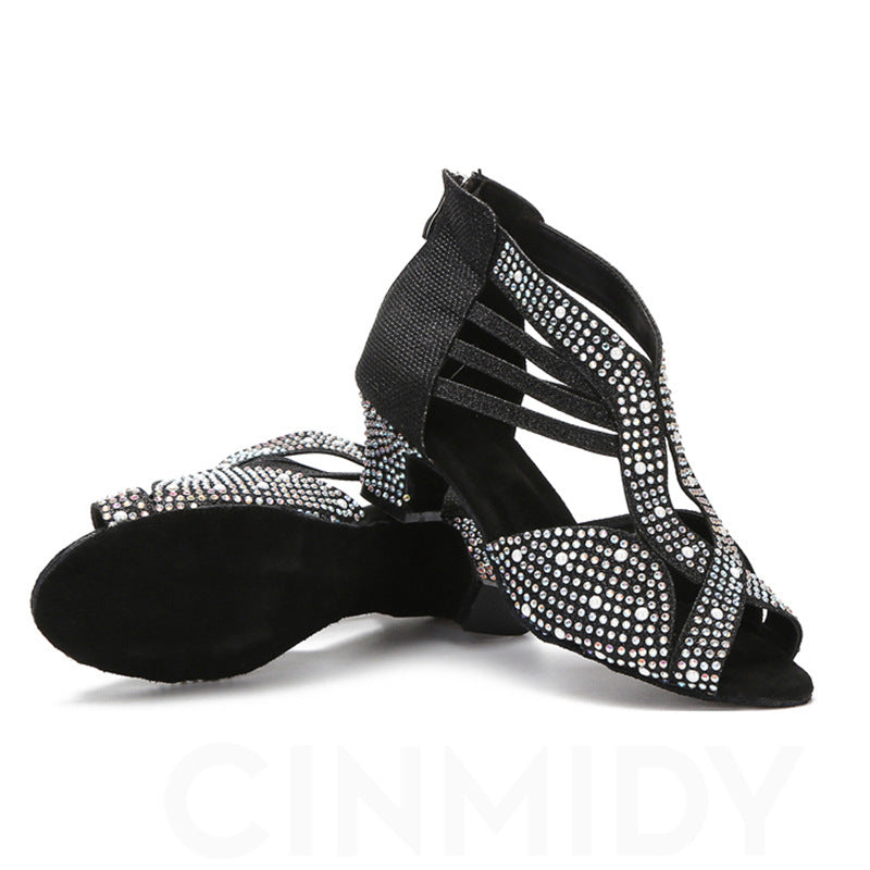 Diamond-encrusted Senior Dance Shoe Women showcasing sparkling crystals and a stylish design for elegant ballroom dancing.