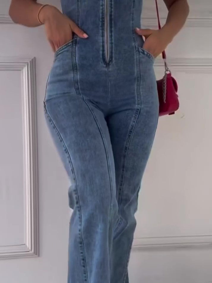 Sleeveless Paneled Zipper Denim Jumpsuit