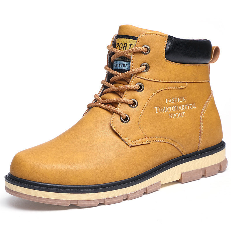 Plush warm work clothes Martin boots in tan leather, designed for comfort and style in cold conditions.