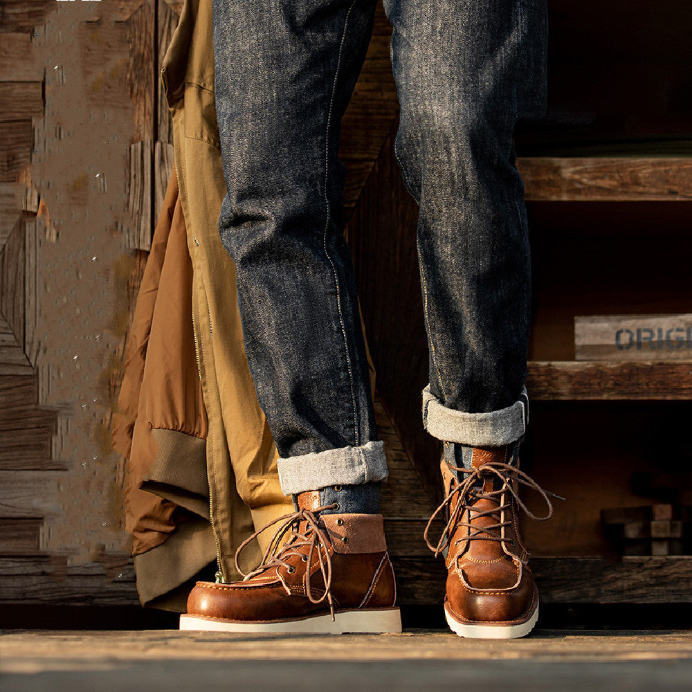 Lapel Vintage Work Boots Men's Boots Winter British Style worn with jeans next to a wooden background.