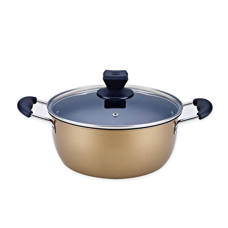 Set Of Pot Kitchen Cookware Cooking Pots with a sleek gold finish and glass lid for versatile cooking.