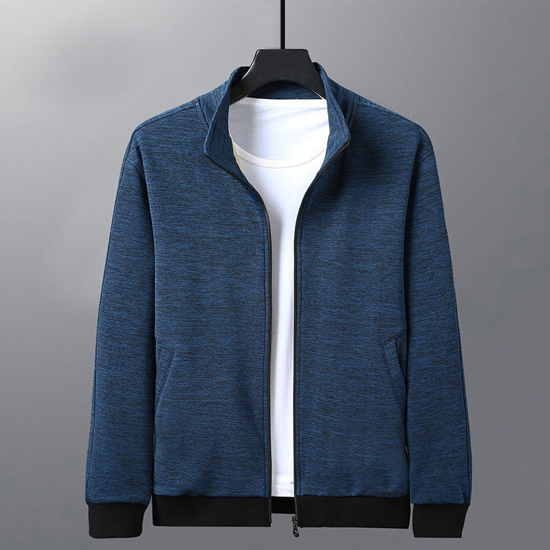 Jacket With A Stand-up Collar And A Casual Jacket displayed on a hanger in a stylish blue design.