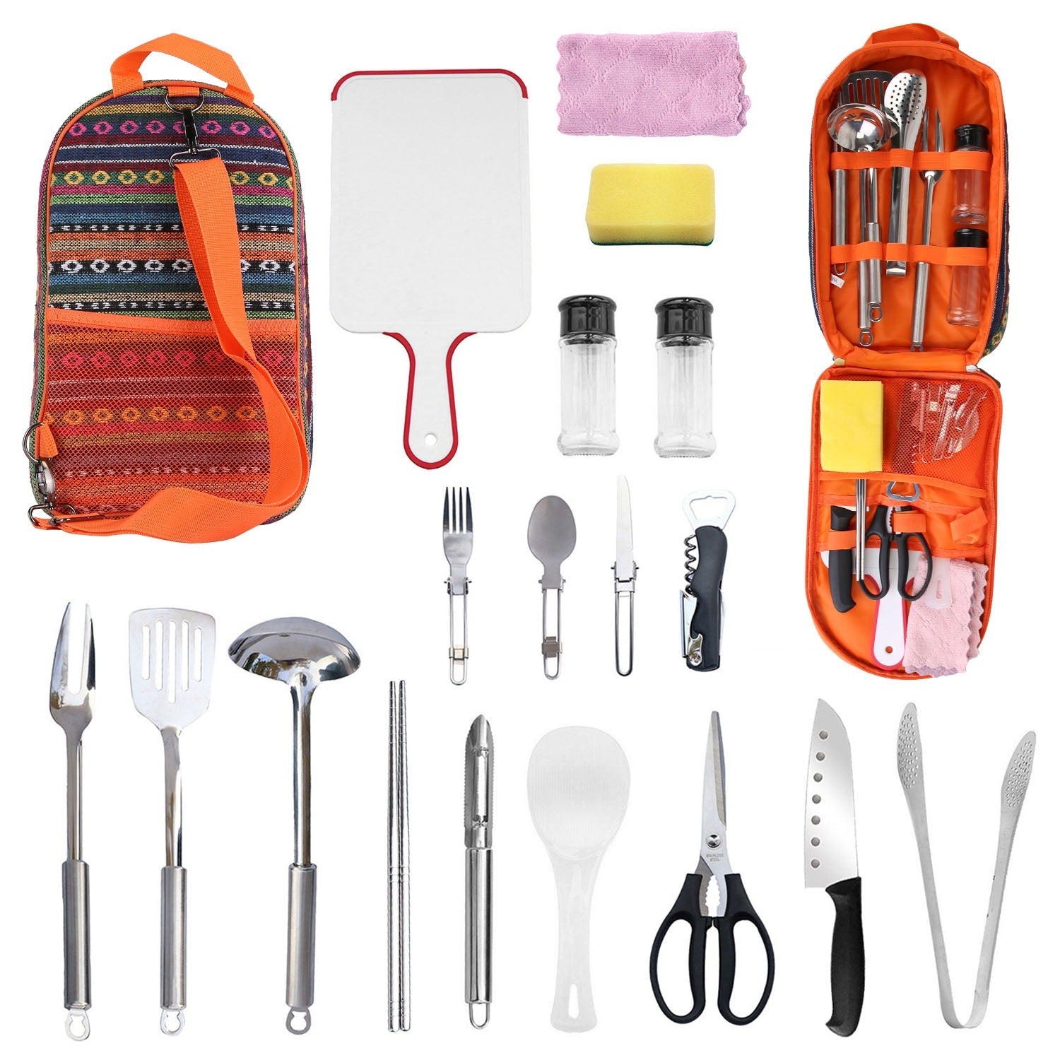 Camping Cooking Utensil Kit Portable Picnic Cookware includes various tools for outdoor cooking and dining.