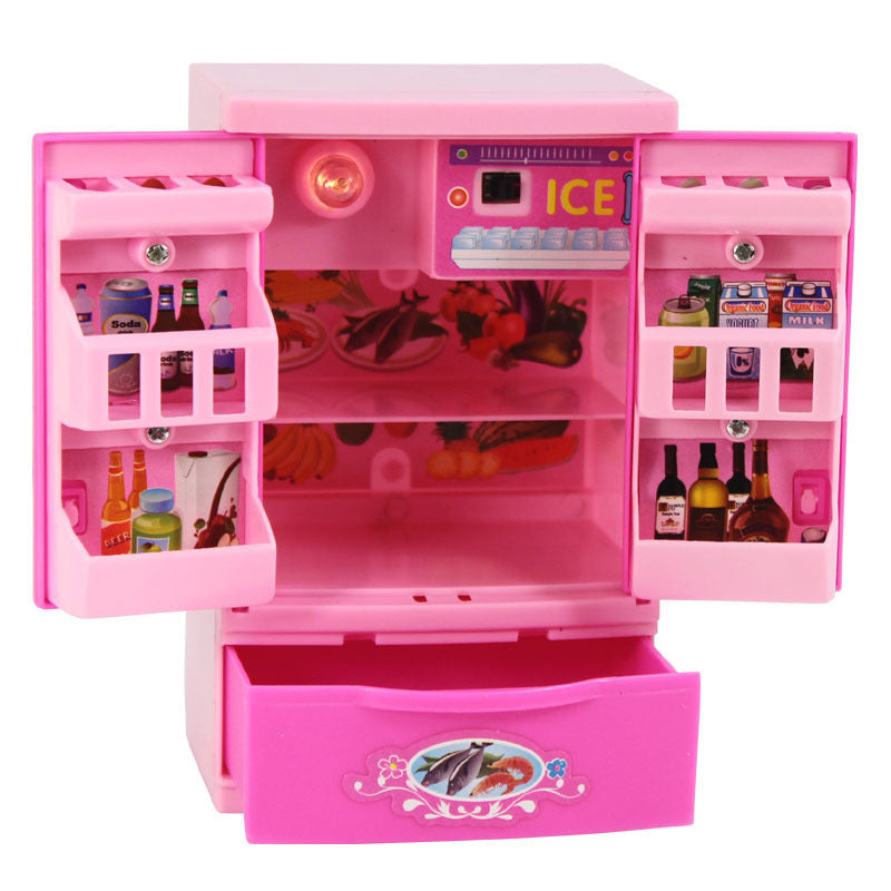 Children's Mini Girl Simulation Play House pink toy refrigerator with open doors and food items inside.