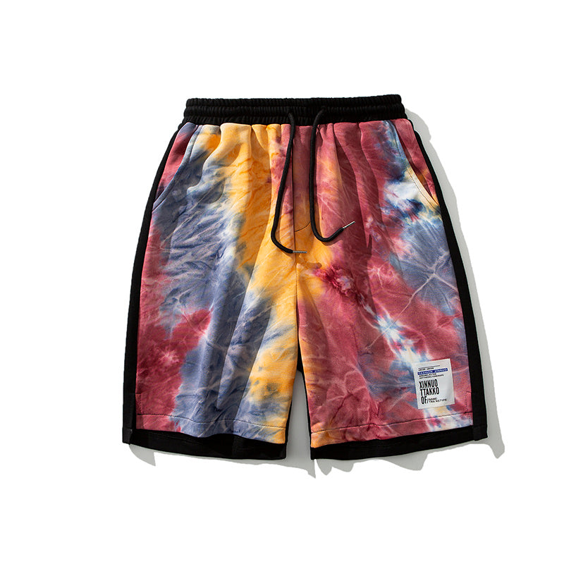 Summer New Tie-Dye Shorts Men S Drawstring Loose in vibrant multicolor design with elastic waistband.