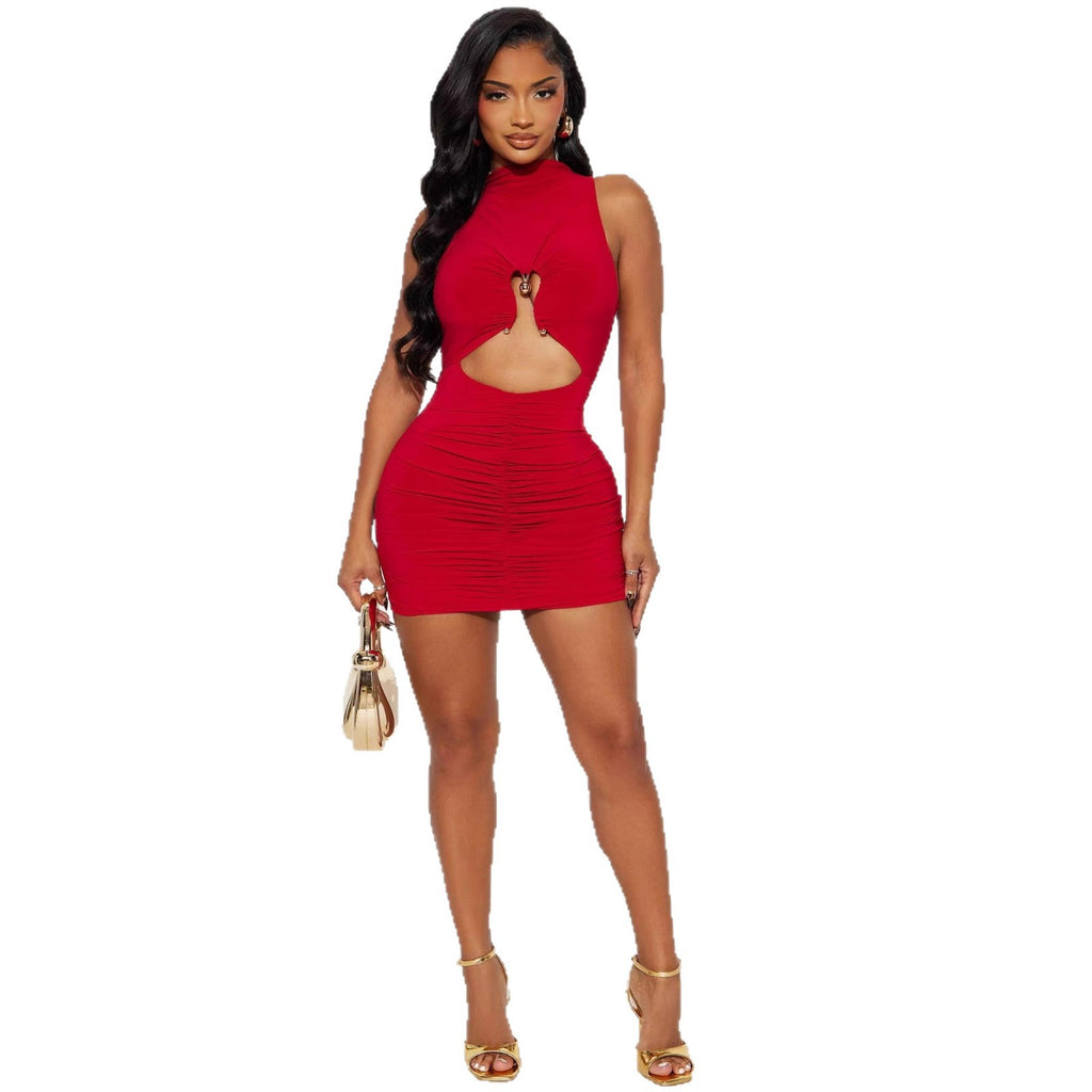 Affectionate Metal Decorated Solid Color Turtleneck Pleated Sheath Mini Dress