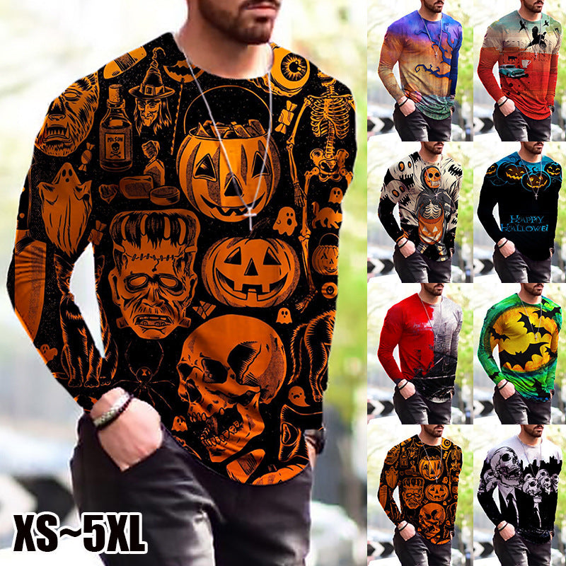 Winter Men S Print Simple Long-Sleeved T Shirt featuring Halloween-themed designs and vibrant colors.