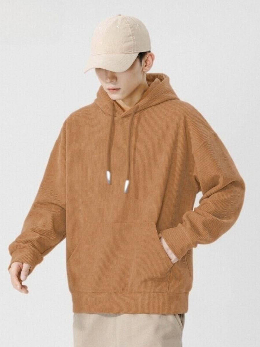 Jacquard Round Neck Hoodie For Men And Women in brown worn by a person with a cap, showcasing a casual, stylish look.