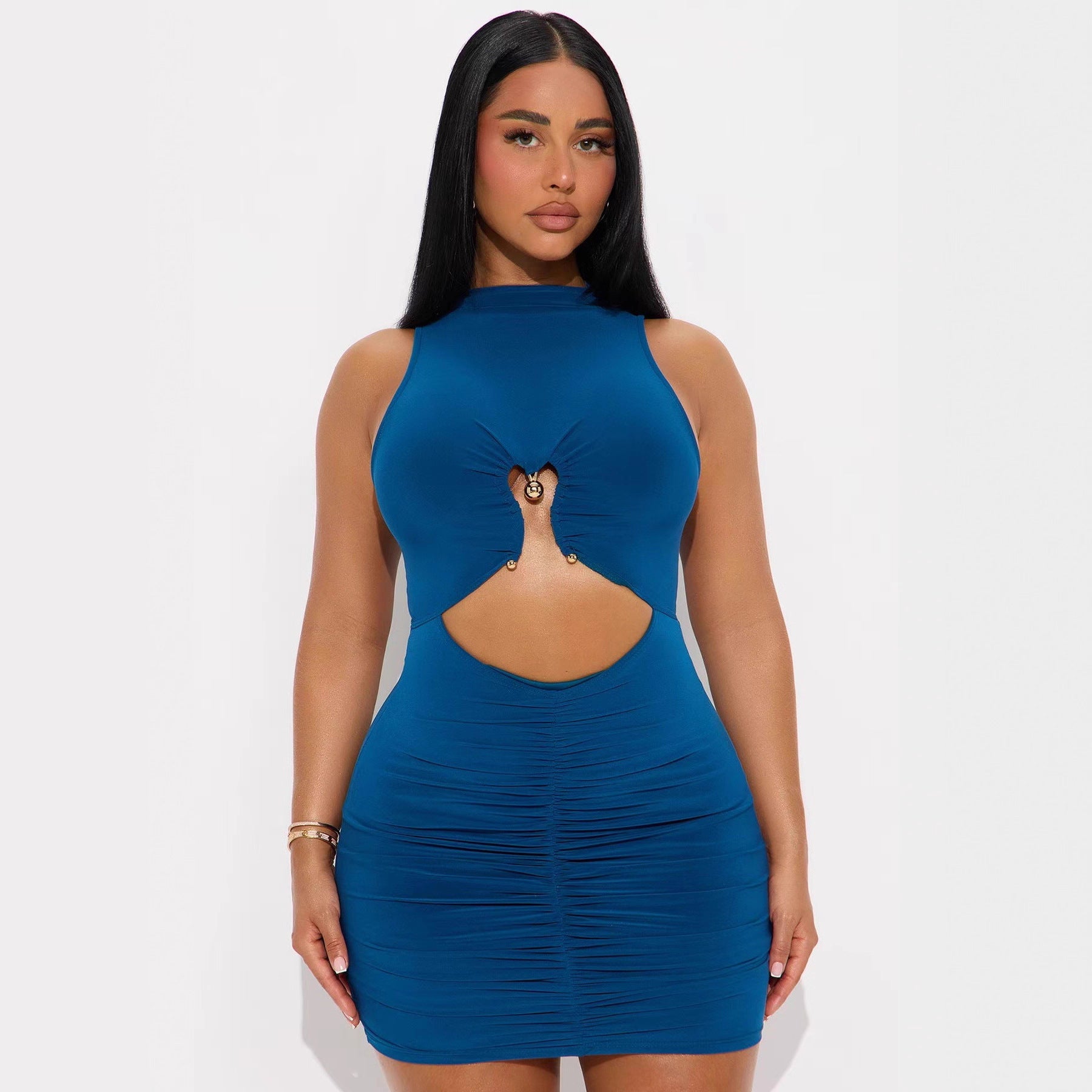 Affectionate Metal Decorated Solid Color Turtleneck Pleated Sheath Mini Dress