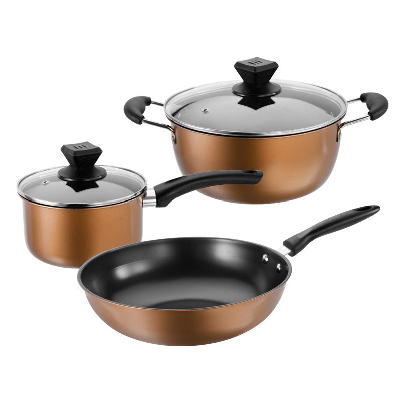 Set Of Pot Kitchen Cookware Cooking Pots featuring three elegant pots with black handles and lids.