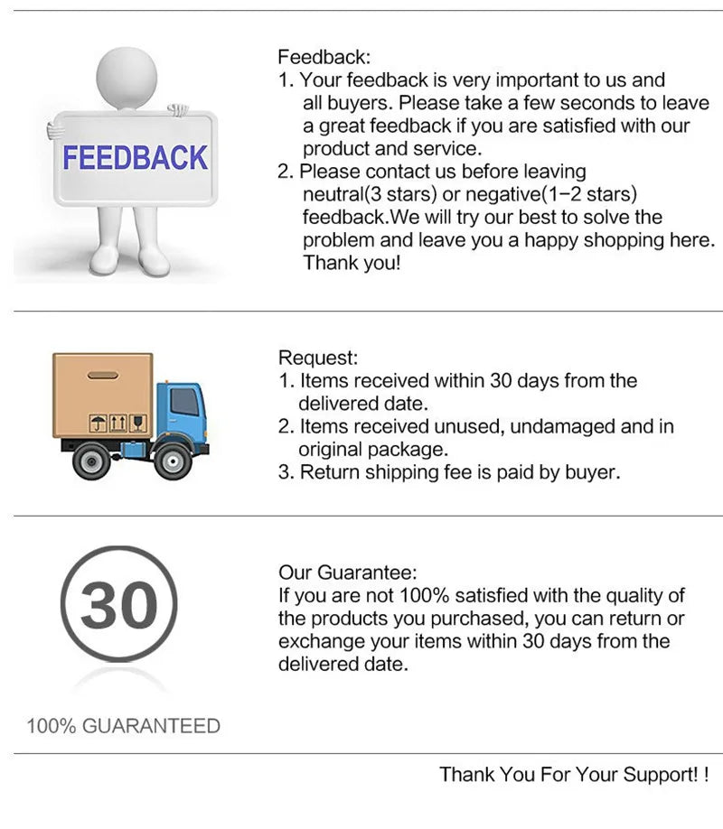 Customer feedback and guarantee information, including return policy and item conditions, for online shopping.