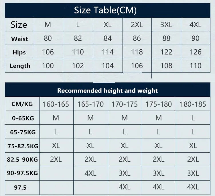 Size table for Men Tactical Waterproof Long Trousers Trekking with measurements for various sizes.