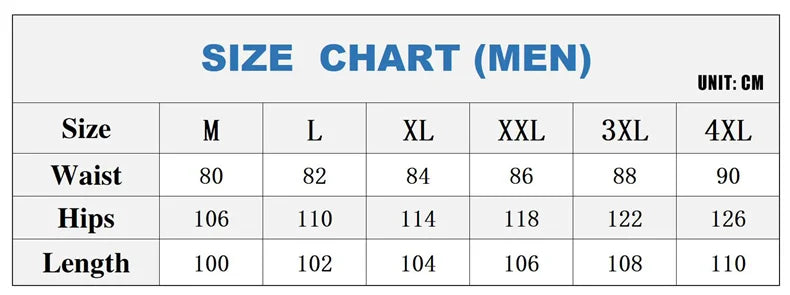 Size chart for Men Winter Warm Long Pants Outdoor Polar Fleece Camping including waist, hips, and length measurements in cm.