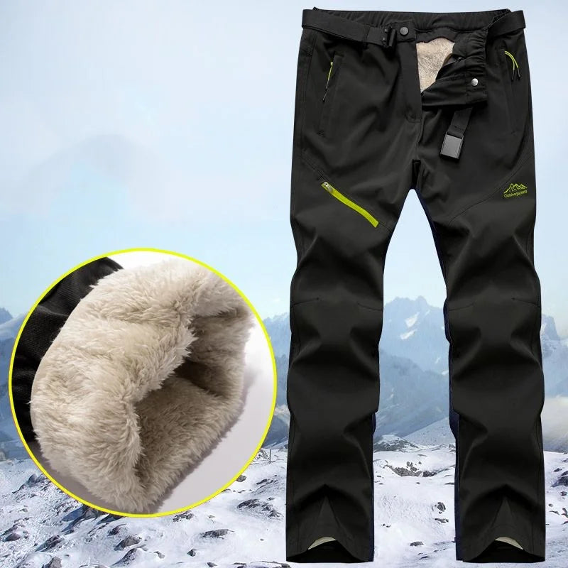 Men Winter Warm Long Pants Outdoor Polar Fleece Camping with soft lining and durable exterior for cold weather.