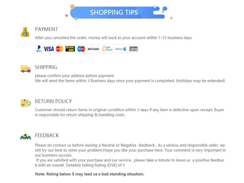 Shopping tips including payment, shipping, return policy, and feedback information.