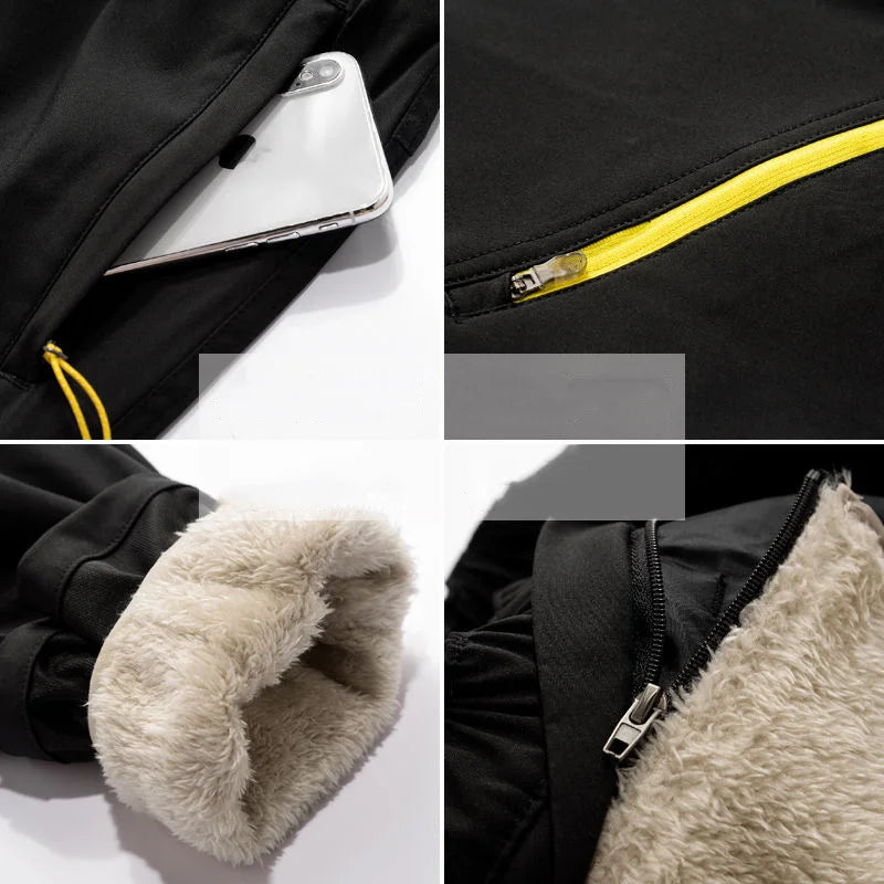 Men Winter Warm Long Pants Outdoor Polar Fleece Camping details showcasing pocket, zipper, and fleece lining.