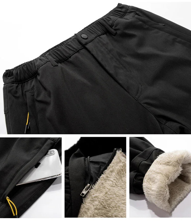 Men Winter Warm Long Pants Outdoor Polar Fleece Camping close-up showing waistband, pockets, and fleece lining details