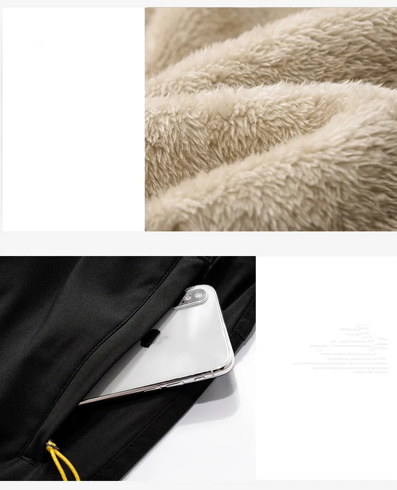 Close-up of fabric texture and pocket of Men Tactical Waterproof Long Trousers Trekking with a smartphone inside.