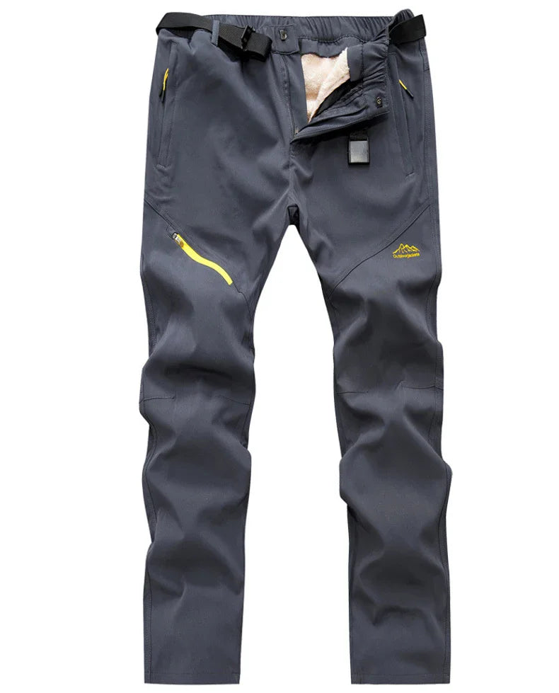 Men Winter Warm Long Pants Outdoor Polar Fleece Camping in gray with zippers and pockets for cold weather adventures.