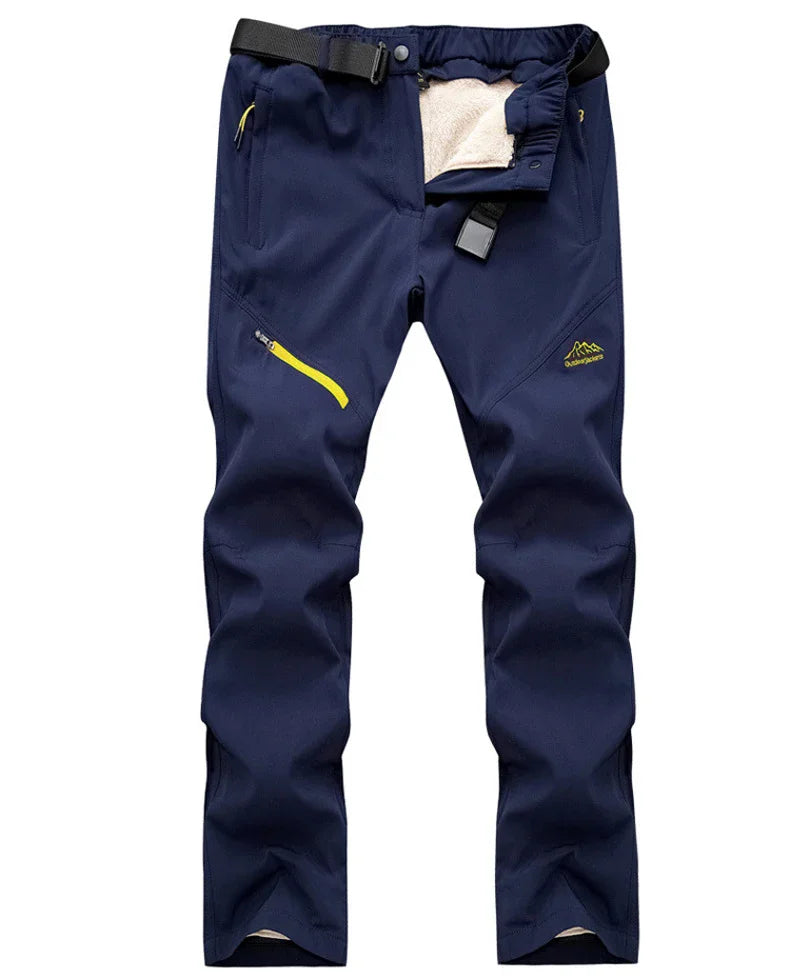 Men Winter Warm Long Pants Outdoor Polar Fleece Camping in navy blue with pockets and adjustable belt.