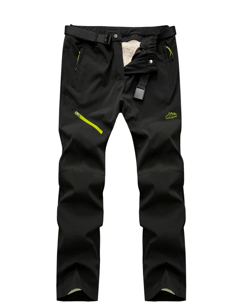 Men Winter Warm Long Pants Outdoor Polar Fleece Camping in black with yellow accents and pockets.