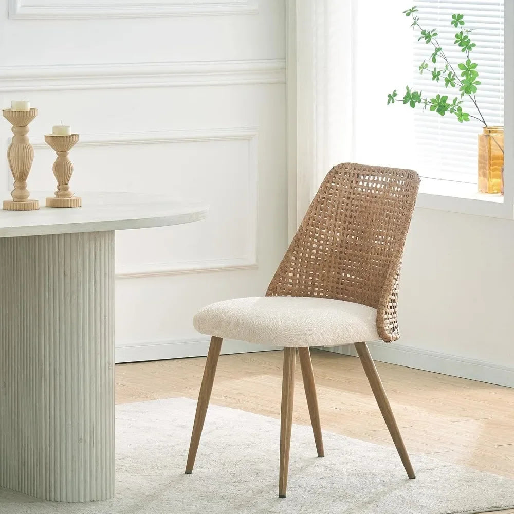 Set of 4 Rattan Dining Chairs – Mid-Century Modern Kitchen & Dining Room Chairs with Full PE Cane Backrest, Accent Wood-Look Chairs for Home