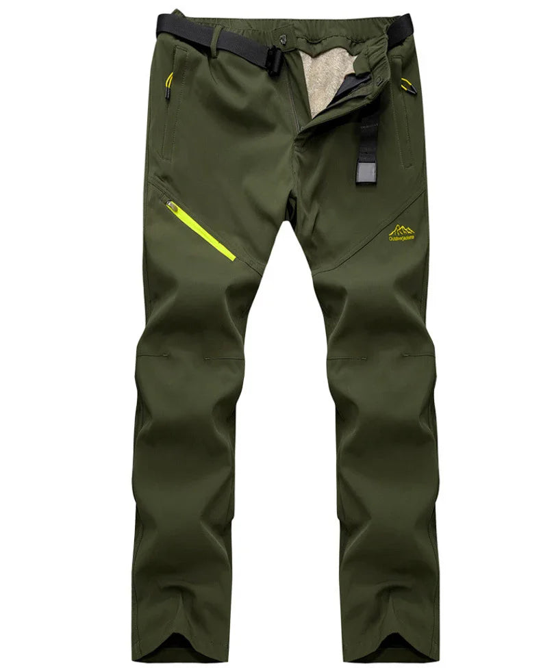 Men Winter Warm Long Pants Outdoor Polar Fleece Camping in olive green with bright yellow accents and multiple pockets.