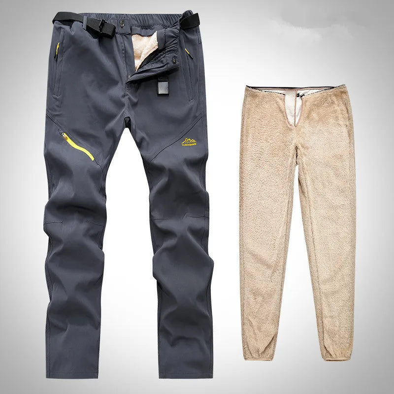 Men Tactical Waterproof Long Trousers Trekking with removable fleece liner for outdoor activities.