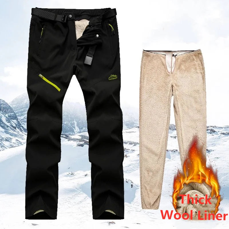 Men Winter Warm Long Pants Outdoor Polar Fleece Camping with thick wool liner for cold-weather adventures.