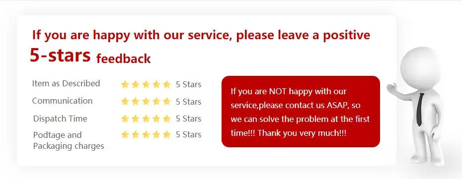 Feedback request for 5-stars service with ratings for description, communication, dispatch, and packaging.