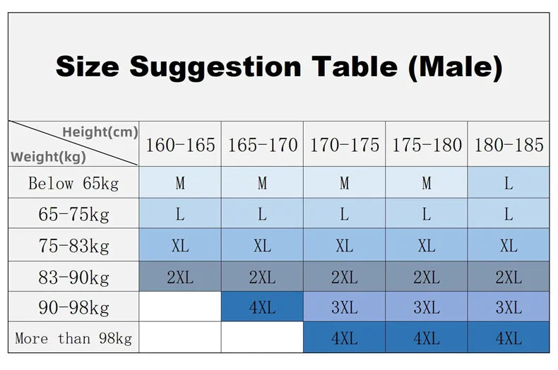Size suggestion table for Men Winter Warm Long Pants Outdoor Polar Fleece Camping based on height and weight.