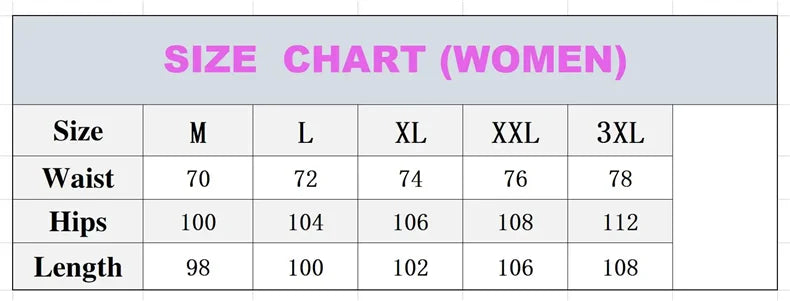 Size chart for women's clothing, including measurements for waist, hips, and length across various sizes.