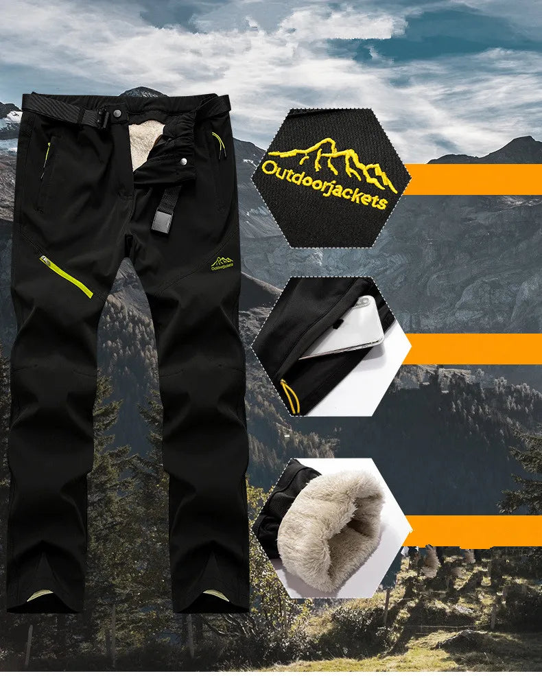 Men Tactical Waterproof Long Trousers Trekking showcased in outdoor setting with features highlighted.