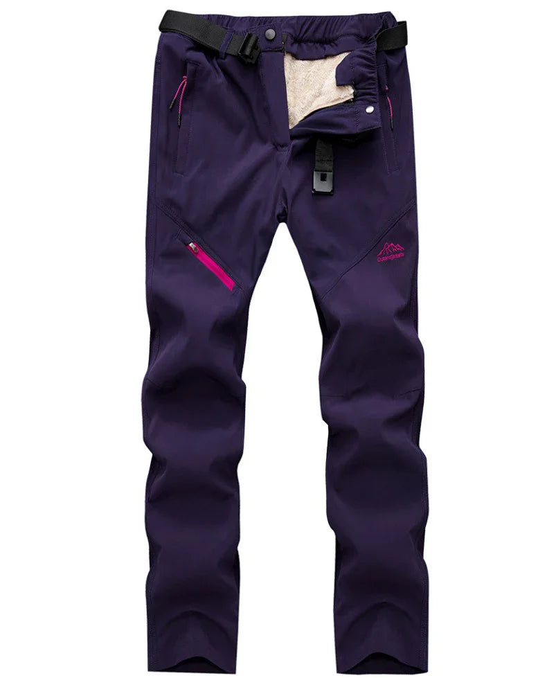 Men Winter Warm Long Pants Outdoor Polar Fleece Camping - Purple polar fleece pants with adjustable waistband and zippered pockets.