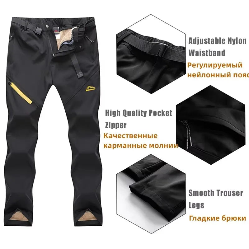 Men Winter Warm Long Pants Outdoor Polar Fleece Camping with adjustable nylon waistband and high quality pocket zipper.