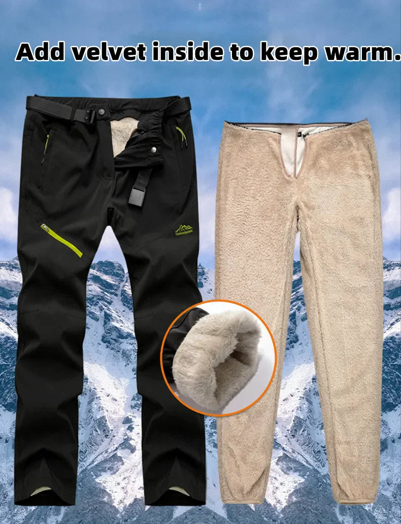 Men Winter Warm Long Pants Outdoor Polar Fleece Camping featuring velvet lining for extra warmth.