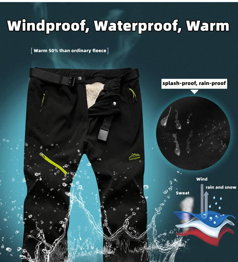 Men Winter Warm Long Pants Outdoor Polar Fleece Camping promoting windproof waterproof features and comfort.
