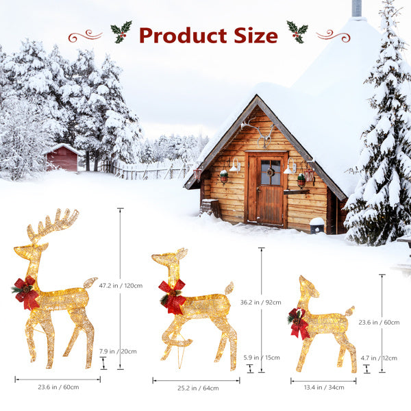 Golden Elk Family Courtyard Elk Decoration product size dimensions in a snowy outdoor setting with holiday decorations.