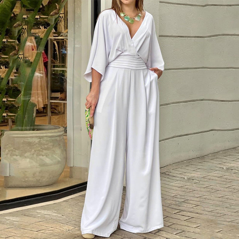 Women's Jumpsuit V-neck Solid Color Summer Trendy Fashion Short-sleeved Street Casual Jumpsuit Suit For Women Clothing