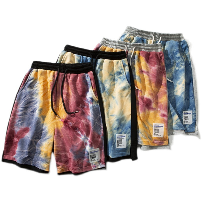 Summer New Tie-Dye Shorts Men S Drawstring Loose in four vibrant colors displayed on a white background.