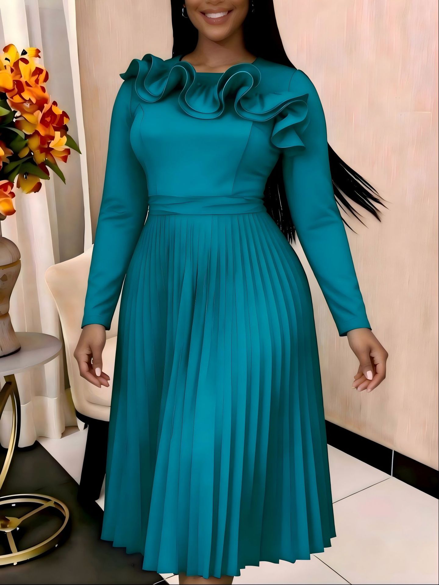Lotus-leaf Collar Long-sleeve Crew-neck Elegant Dress