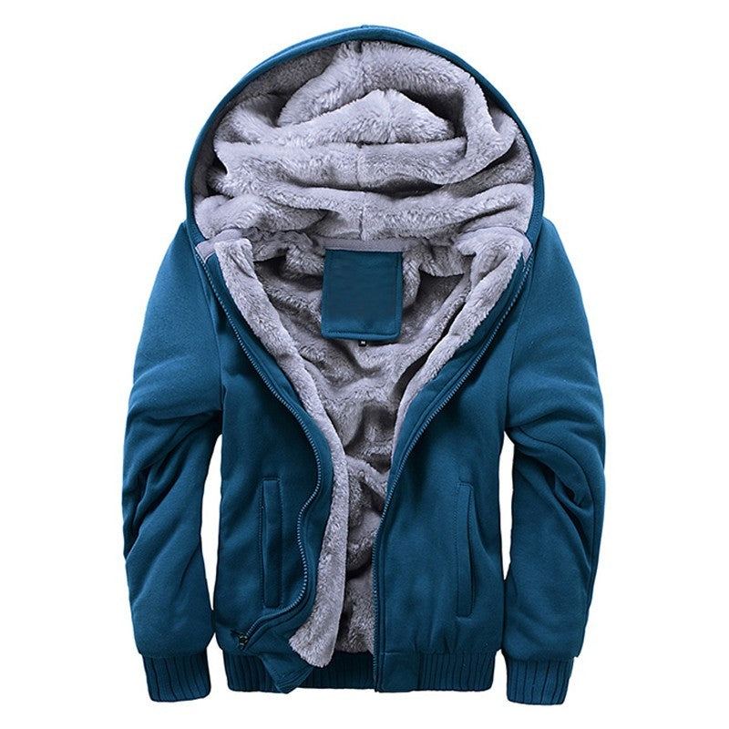 Fleece Sweater Men Casual Sport Fleece Hooded Jackets, inside view showcasing soft lining and hood design.