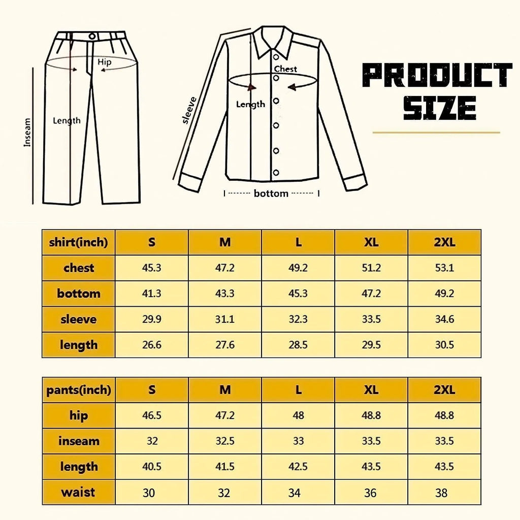 Size chart for Men's Tactical Combat Tactical Military Pants and shirts showing measurements in inches.