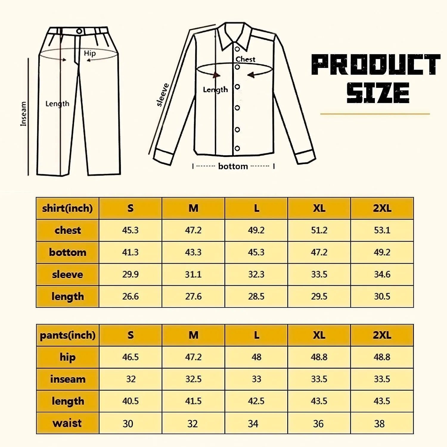 Size chart for Men's Tactical Combat Tactical Military Pants and shirts showing measurements in inches.