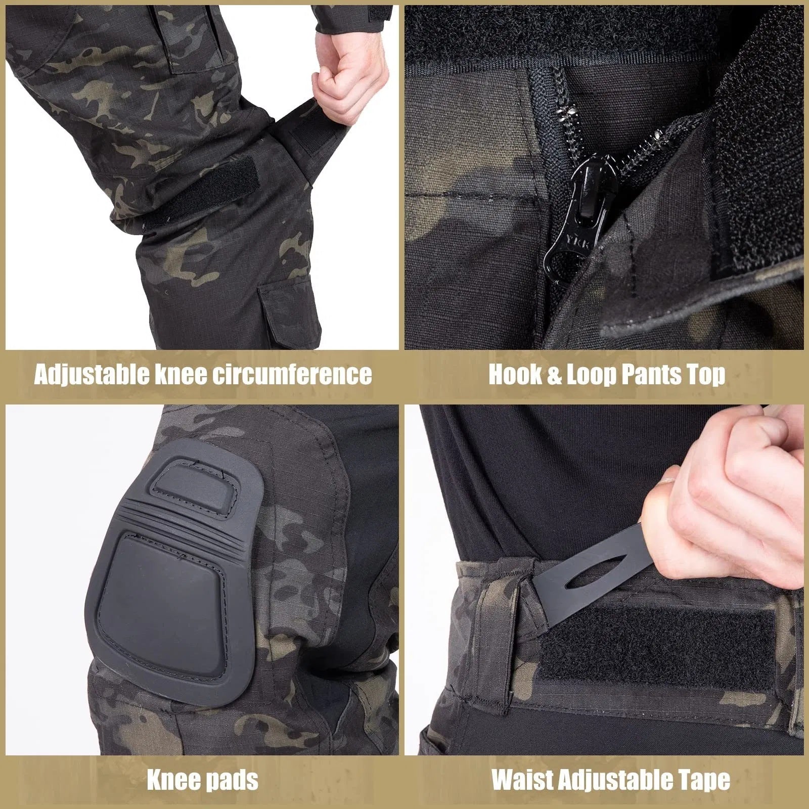 Men's Tactical Combat Tactical Military Pants featuring adjustable knee circumference, hook & loop pants top, knee pads, and waist adjustable tape.