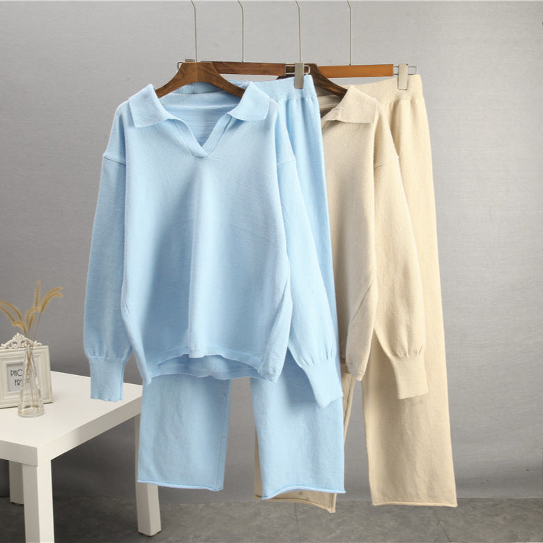 European And American-style Solid-color Lapel Sweater Set For Women, FallWinter